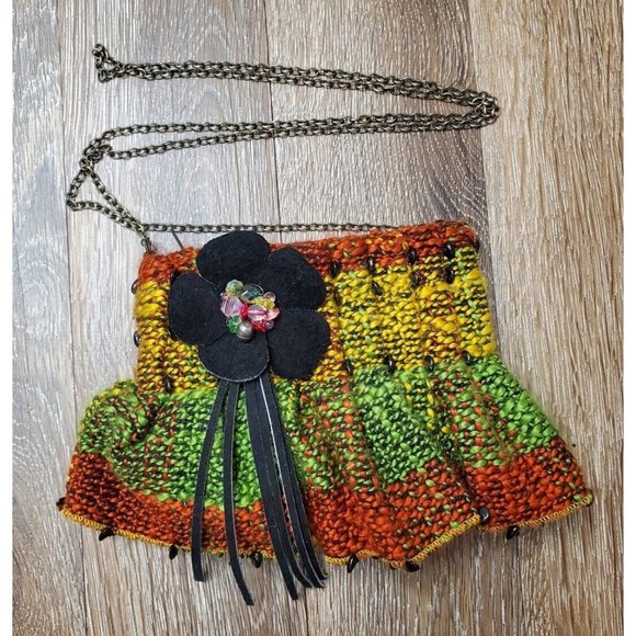 Mary Frances Knit Pleated Yarn Women Crossbody Bag Leather Flower Fringe Beads
